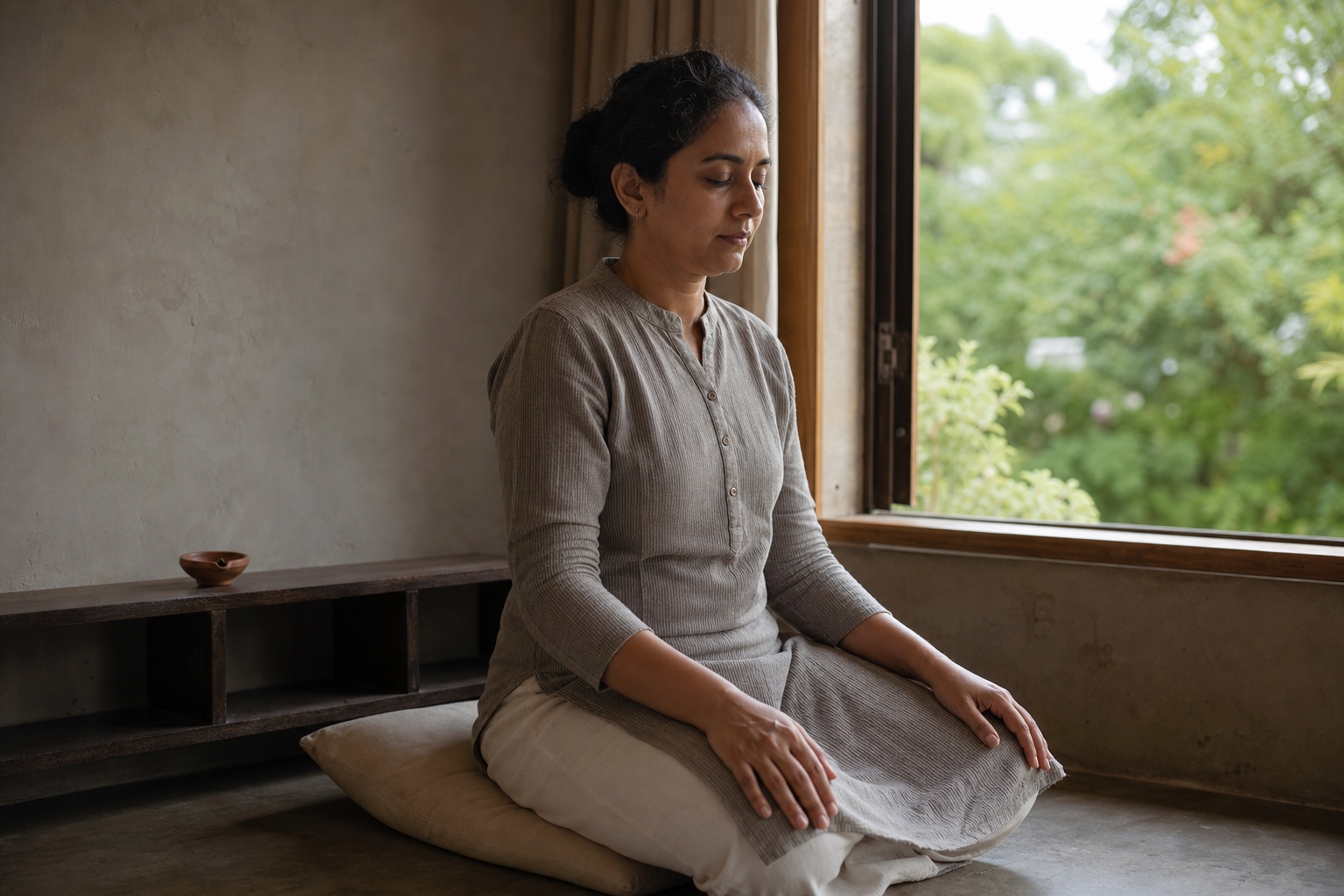 An adult sits on a plain cushion near an open window with eyes lowered and hands resting on their thighs.