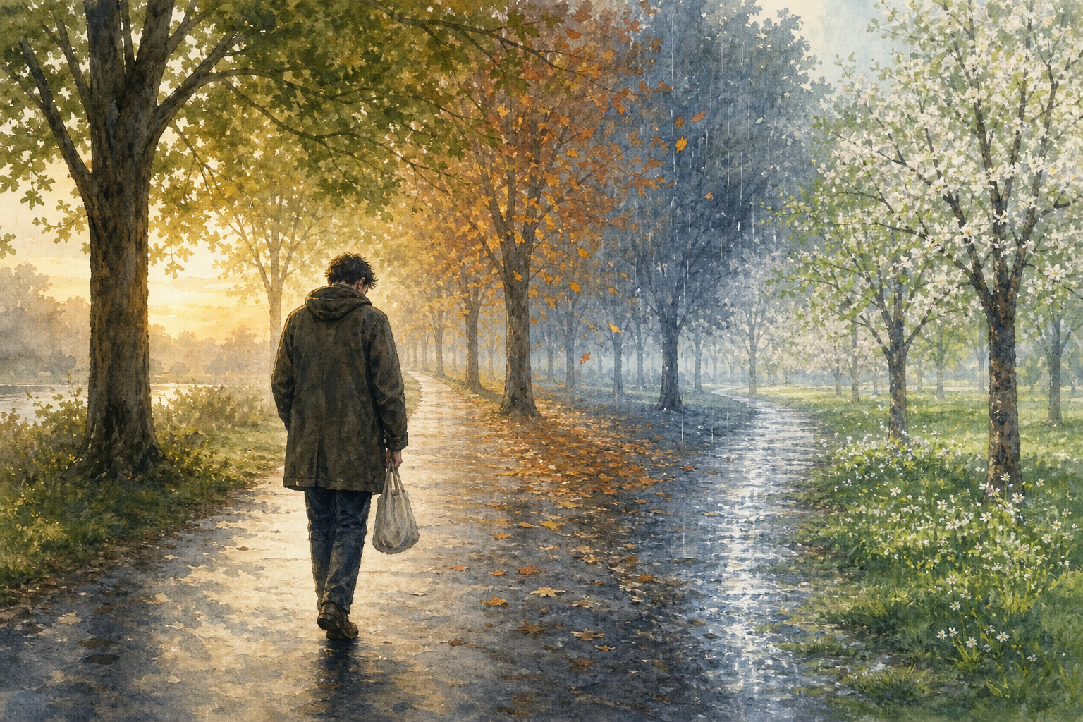 A solitary adult walks along a tree-lined path as rain, fallen leaves, and new growth suggest changing seasons.