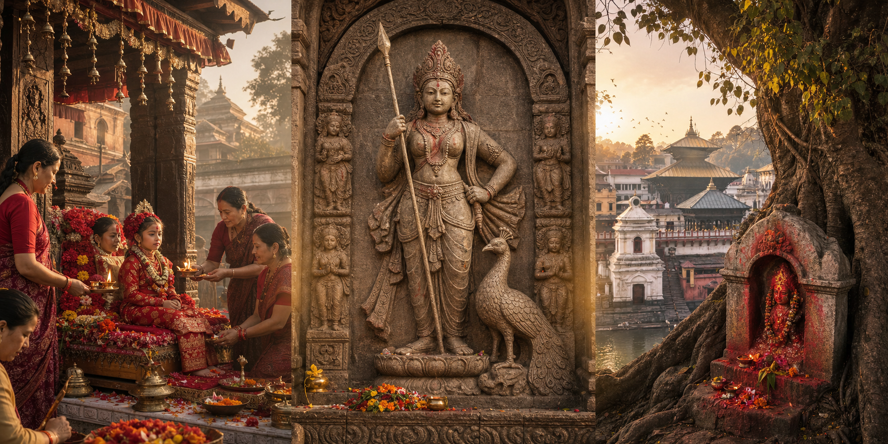Three distinct Shakti settings show a Kumari worship rite, Kaumari with a spear and peacock, and a local goddess shrine in a sacred landscape.