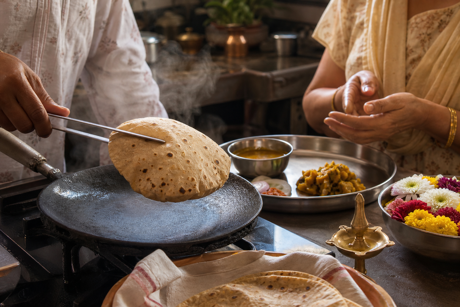 Hands lift a freshly puffed chapati from an iron tawa toward a stainless-steel thali in a warm, peaceful kitchen.