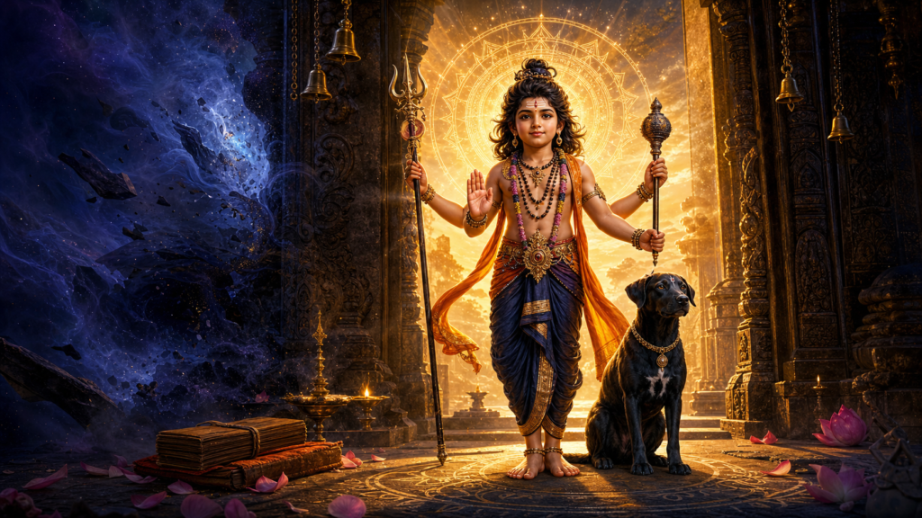 Youthful four-armed Batuk Bhairava stands at a glowing temple threshold with a black dog, trident, blessing hand and radiant mandala.