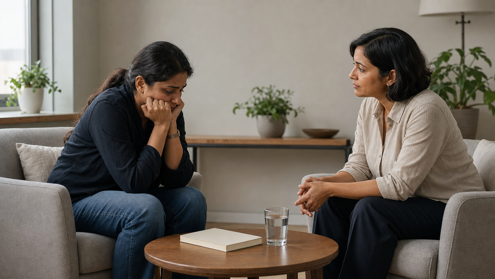 A grieving adult speaks with an attentive counselor in a softly lit room with a notebook and glass of water nearby.