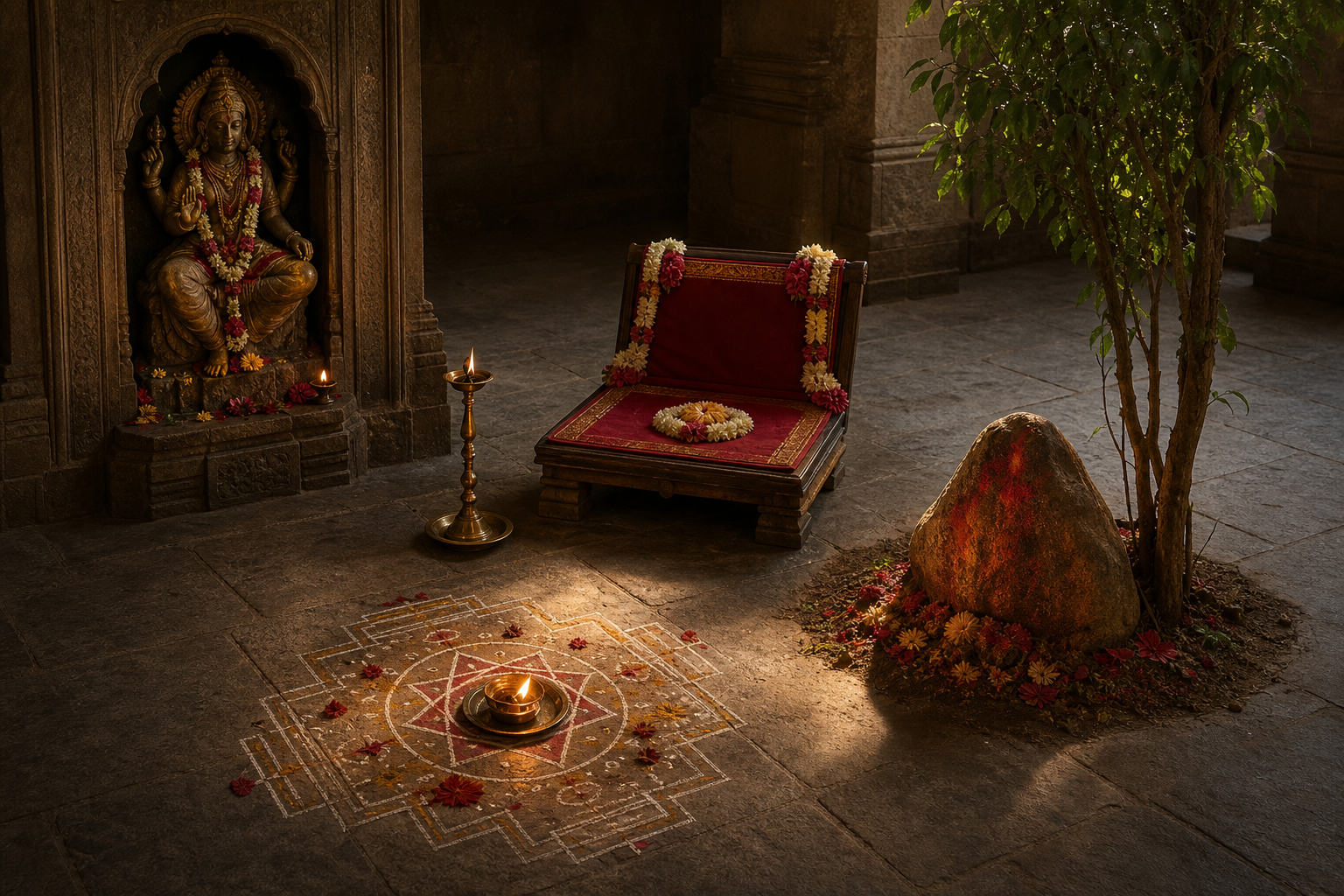 A goddess image, prepared ritual seat, burning lamp, and vermilion-marked stone represent four different modes of sacred presence.