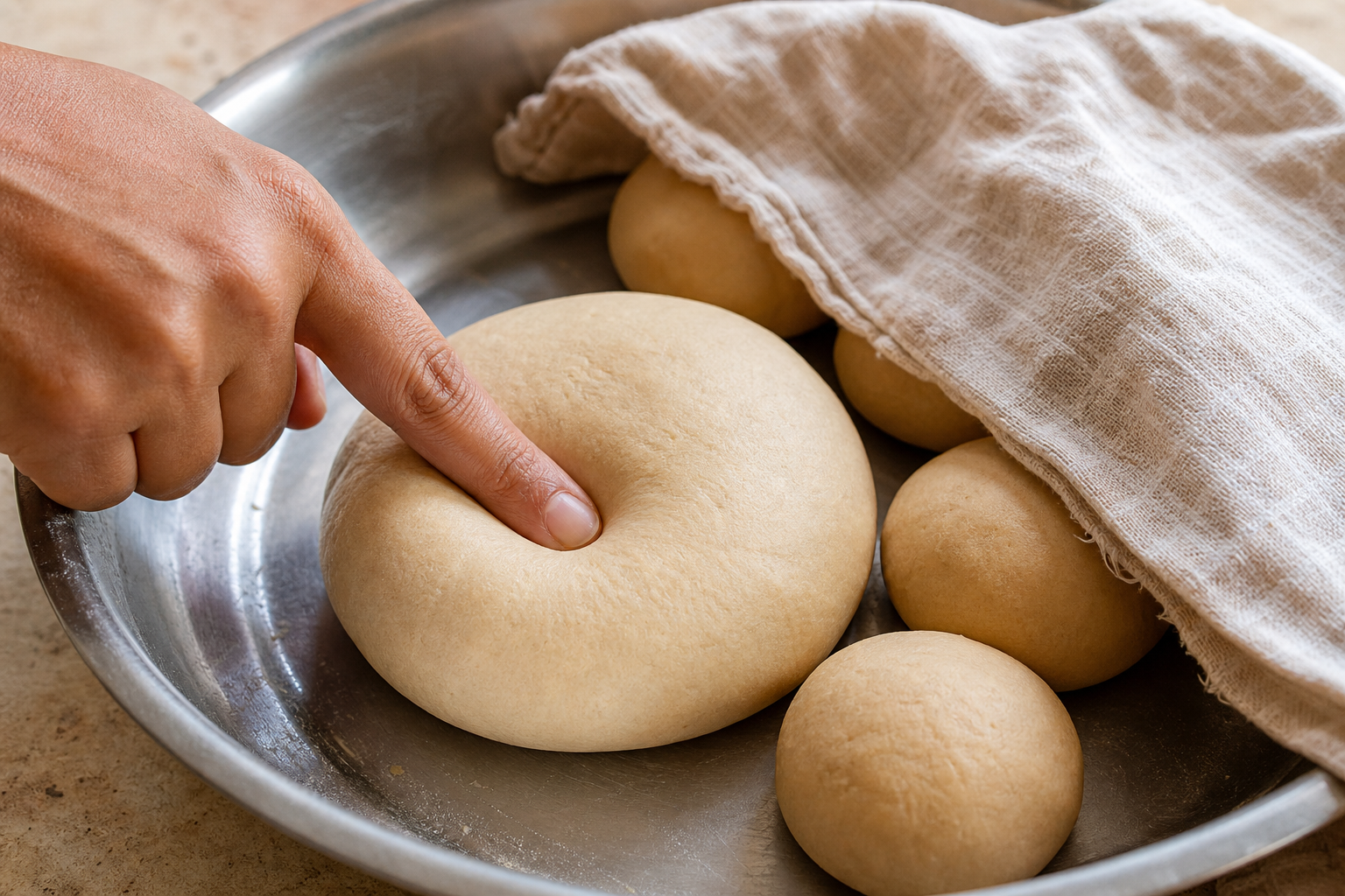 A hand presses soft chapati dough beside evenly portioned dough balls covered with a damp cotton cloth.