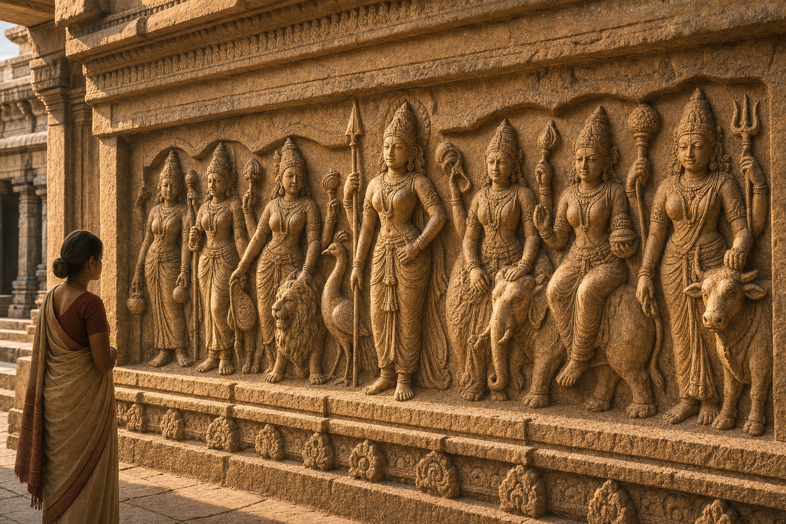 A devotee examines a carved Matrika panel in which Kaumari is identified by her spear and peacock companion.