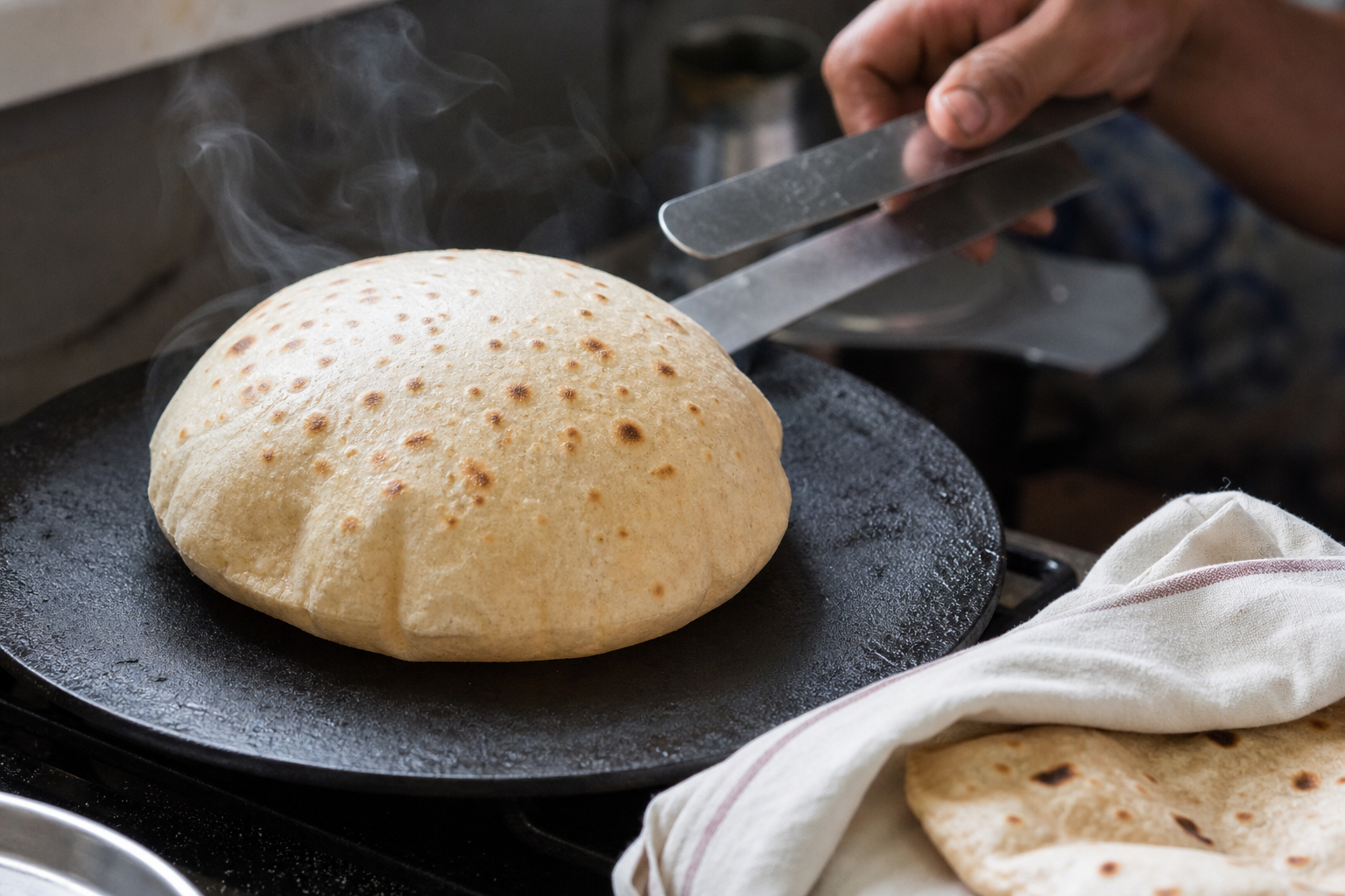 A chapati puffs evenly on a black iron tawa as a cook turns it with metal tongs.