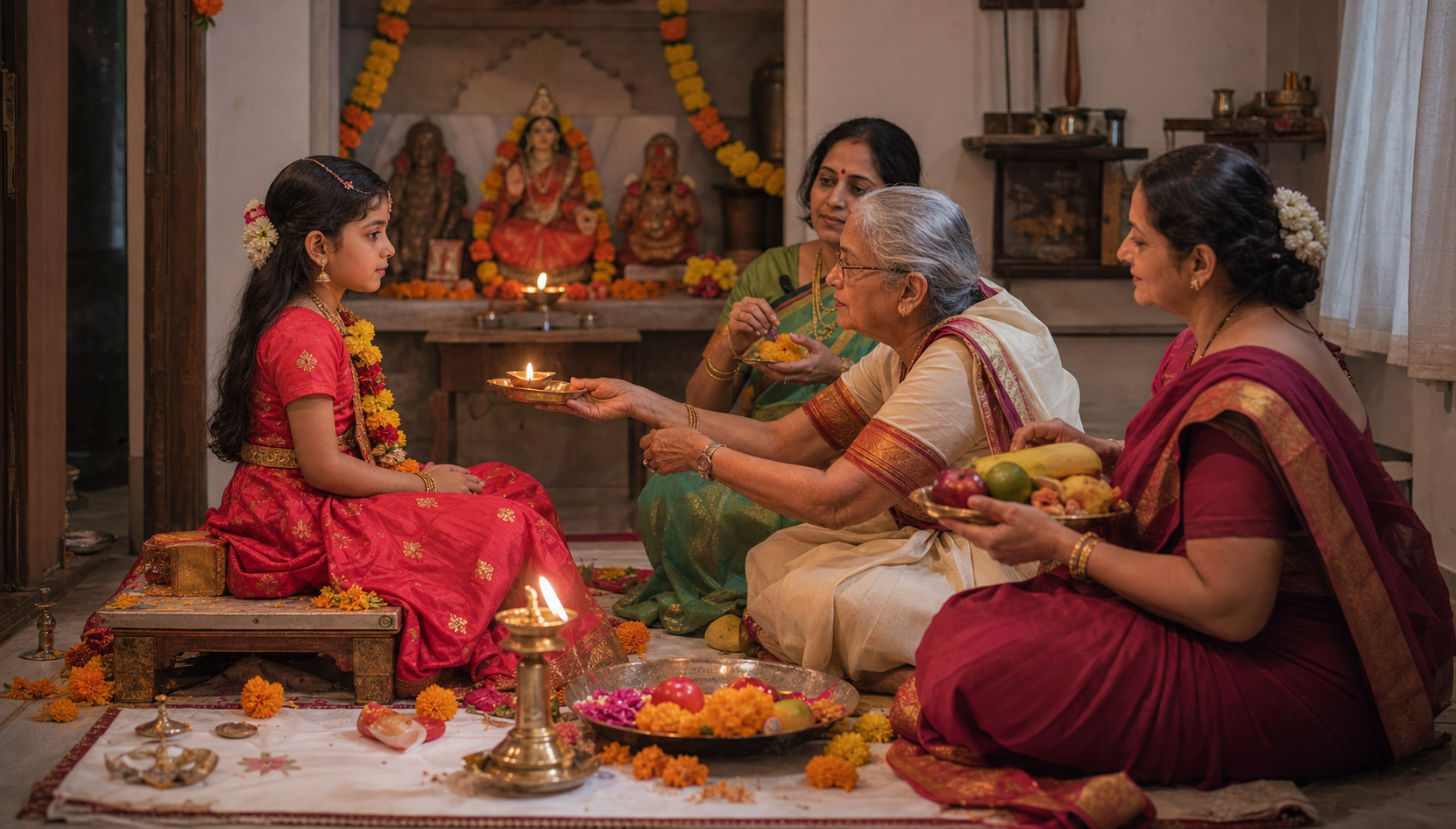 A young girl sits on a flower-decorated seat while adults perform a respectful Navaratri Kumari worship ritual.