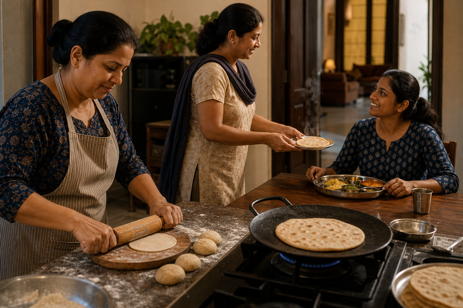 A cook rolls and cooks chapatis while a server brings a fresh steaming chapati to a seated diner.