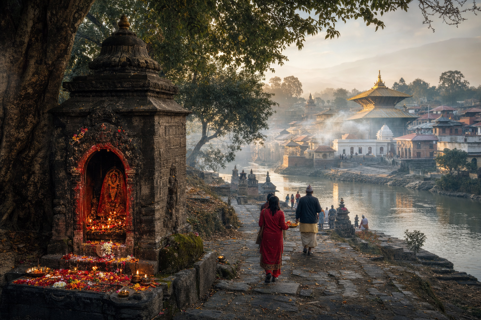 Devotees approach a small vermilion-marked Shakti shrine in the wooded sacred landscape around Pashupatinath.