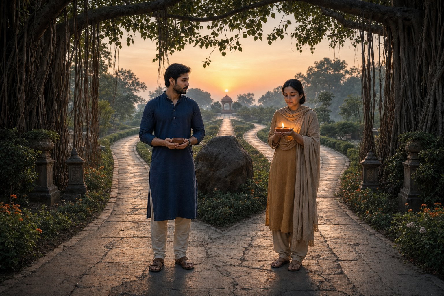Two adults stand at a divided stone path in a quiet garden, one holding a clay lamp while the other shields a lit lamp at dawn.