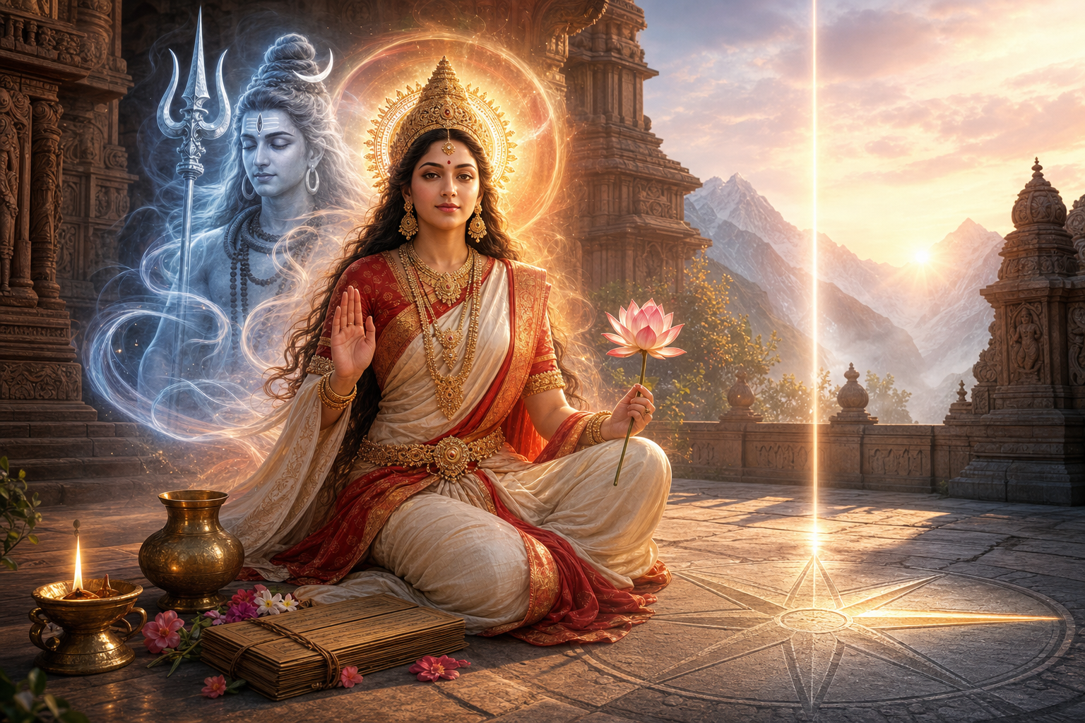 Symbolic illustration of Goddess Isani blessing with a lotus as blue Isana Shiva appears behind her in a Himalayan temple courtyard at dawn.