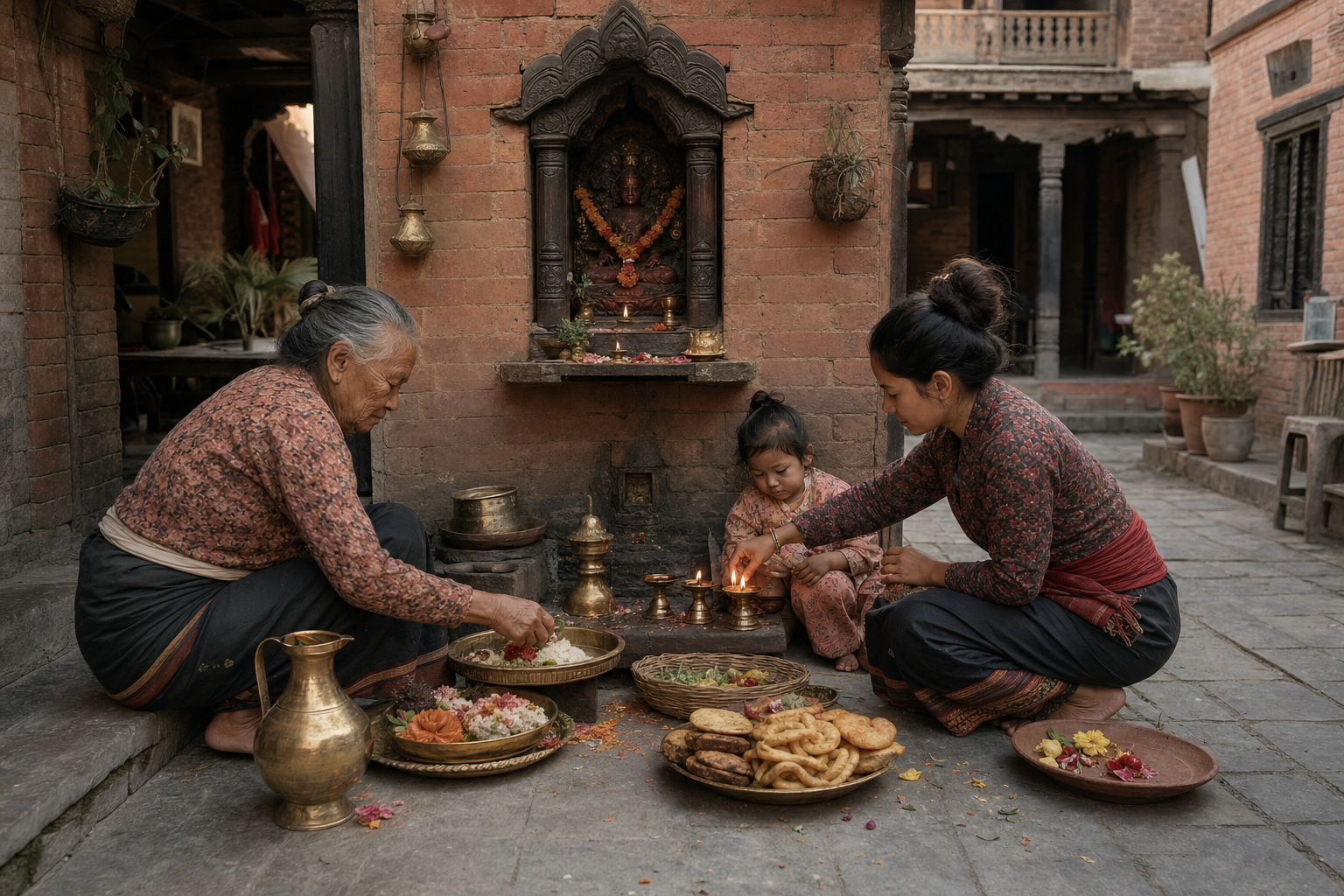 Four clay lamps with different patterns of light and shadow sit on a stone platform surrounded by pale flower petals.