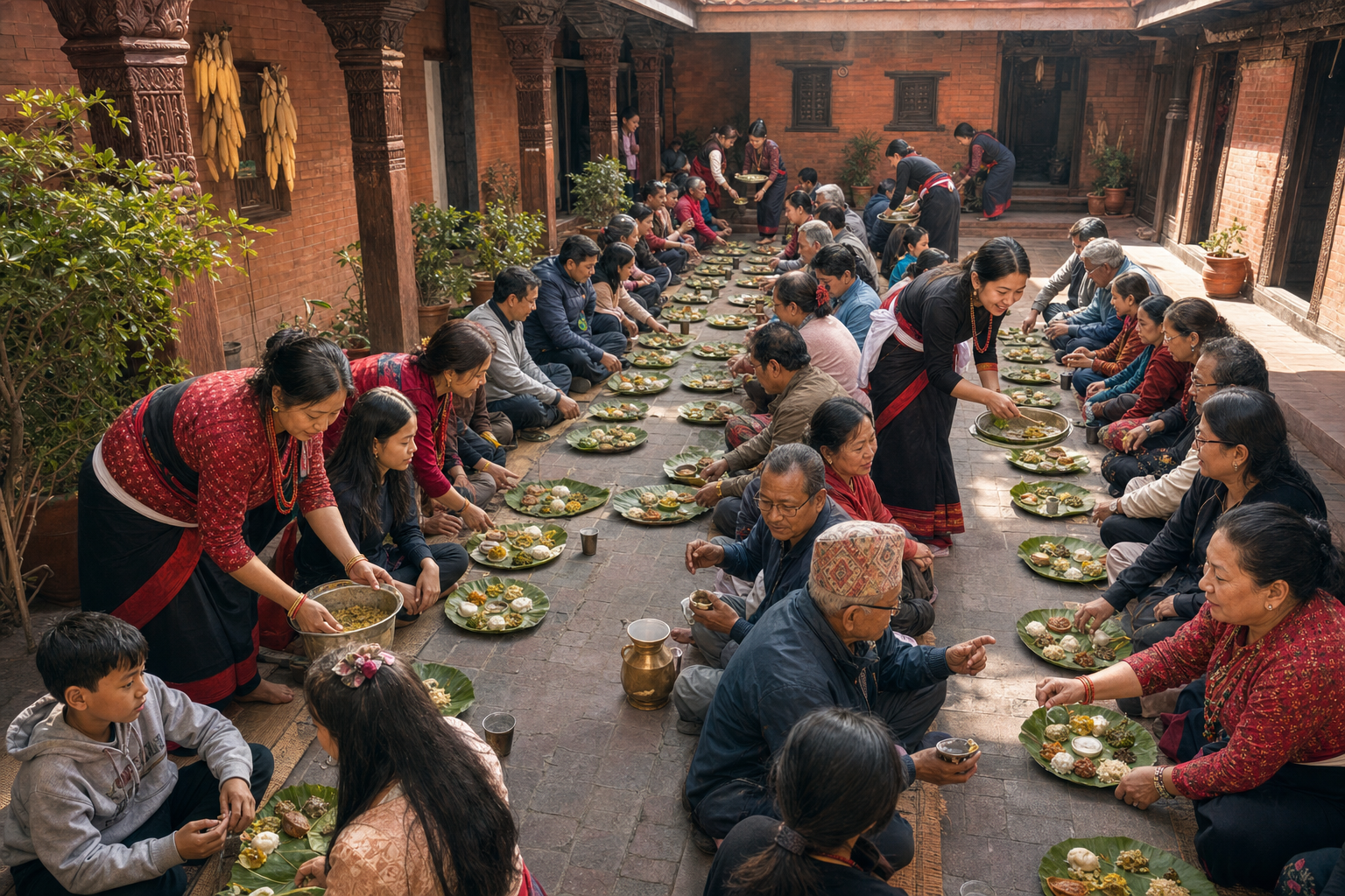 Newa hosts serve a communal festival meal to guests seated in rows on a brick courtyard.