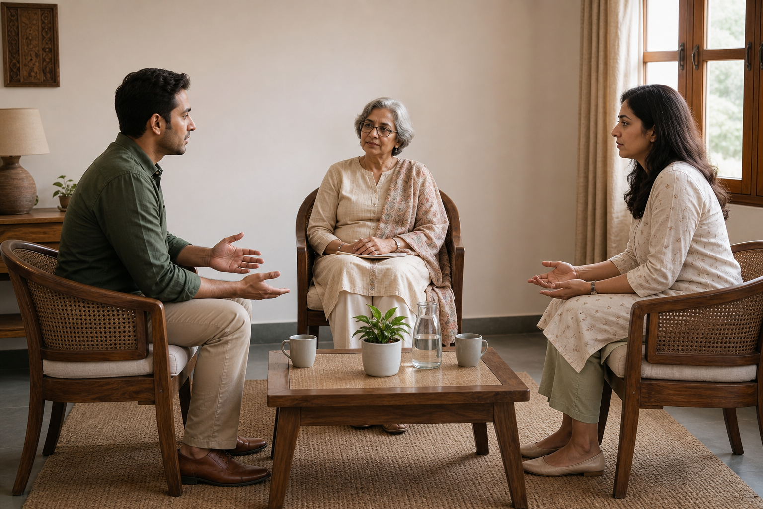 Two adults sit in separate chairs with a counselor in a softly lit room, with water cups and a small plant on the table between them.