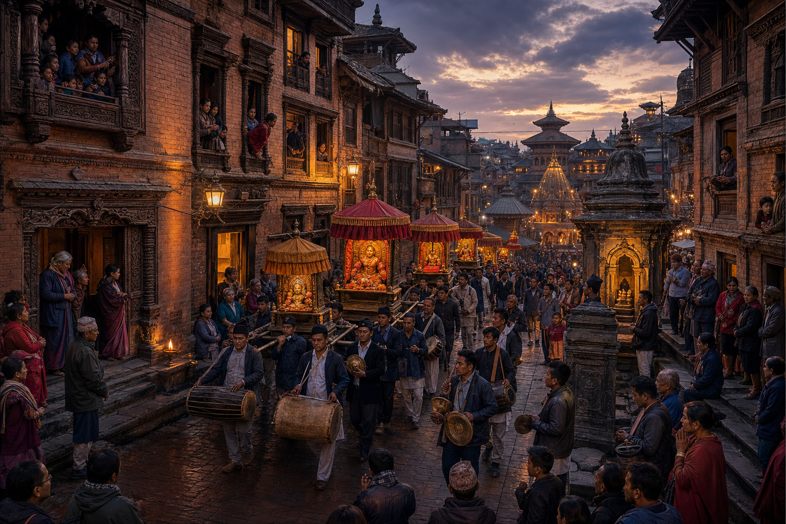 Community members carry deity palanquins with accompanying musicians through a narrow historic Kathmandu street at dusk.