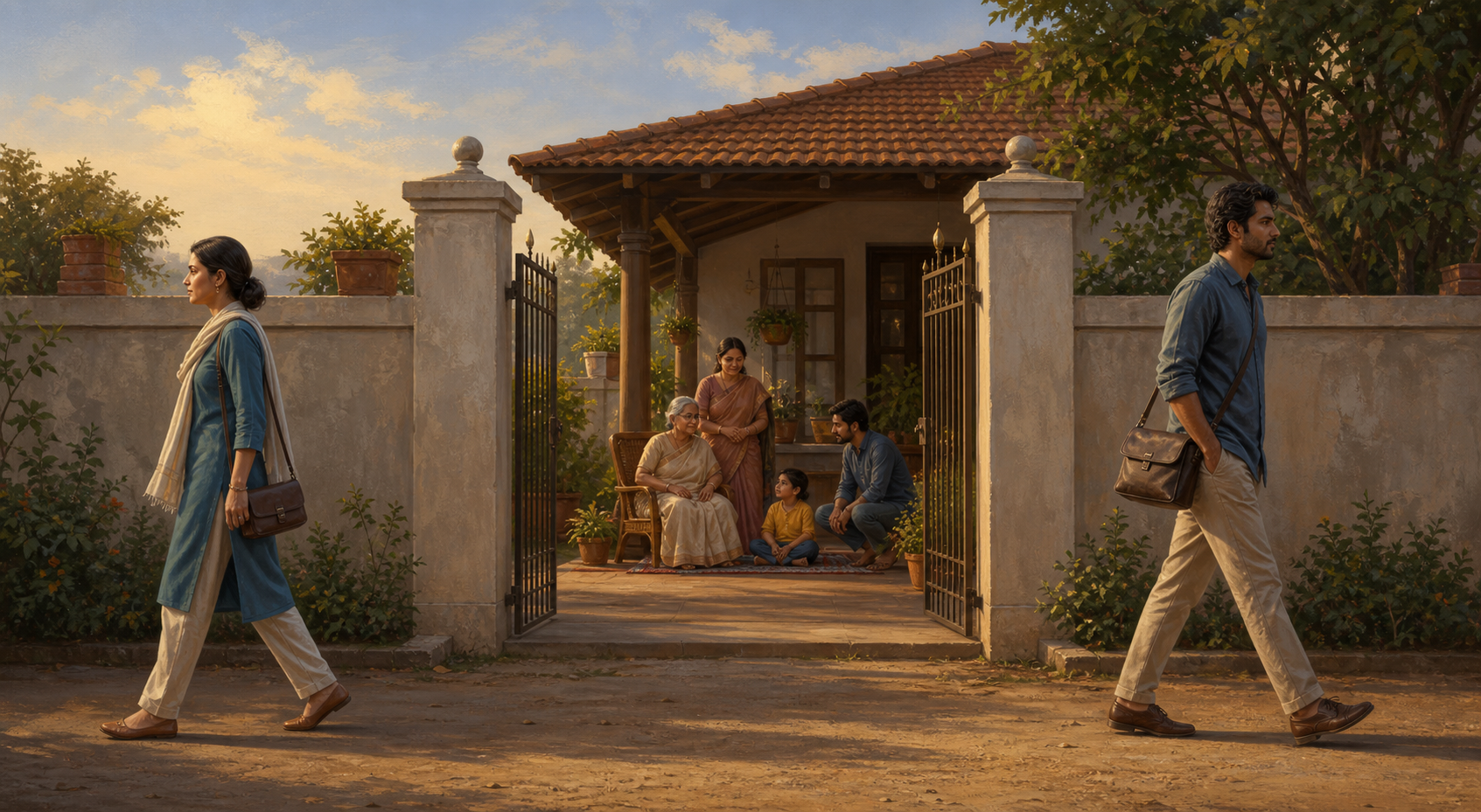 Two adults leave a shared courtyard by separate paths while a child and an older adult remain with supportive family members under a veranda.