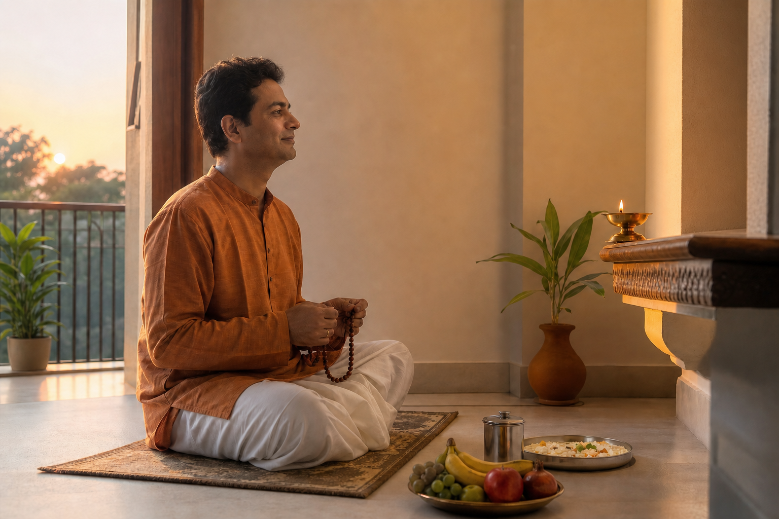 An adult devotee sits with prayer beads near an oil lamp, seasonal fruit, warm water, and a simple nourishing meal at dawn.