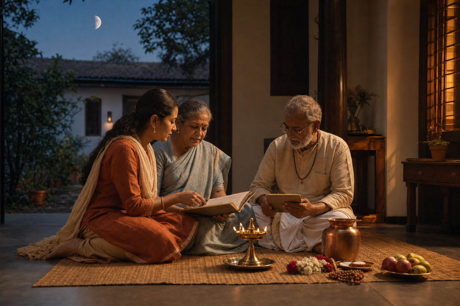 Three generations of a Hindu family consult a ritual notebook and lunar almanac beside a simple home prayer arrangement at twilight.