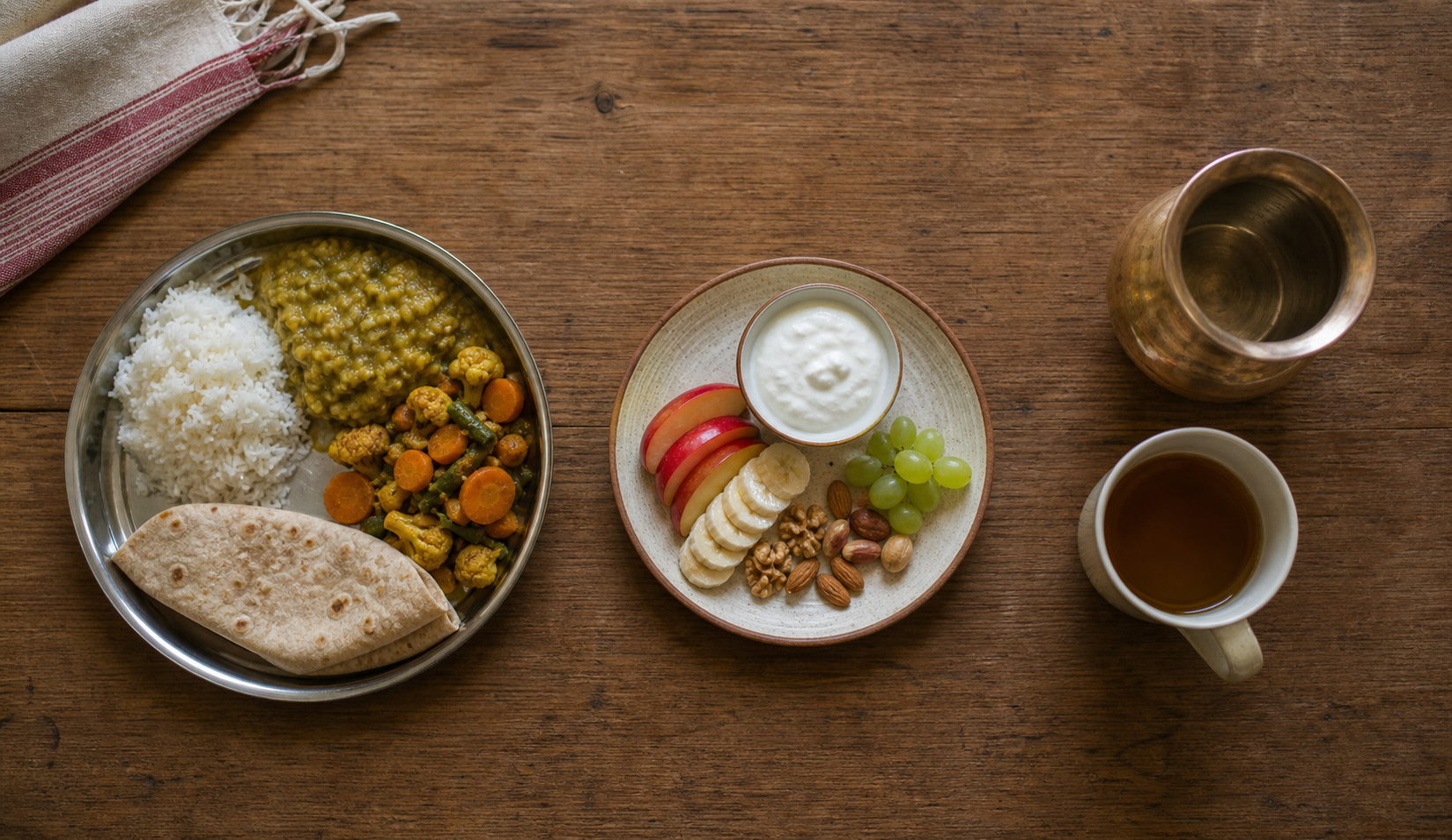 Three meal settings show a simple vegetarian meal, a lighter fruit and yogurt plate, and warm liquids with water.