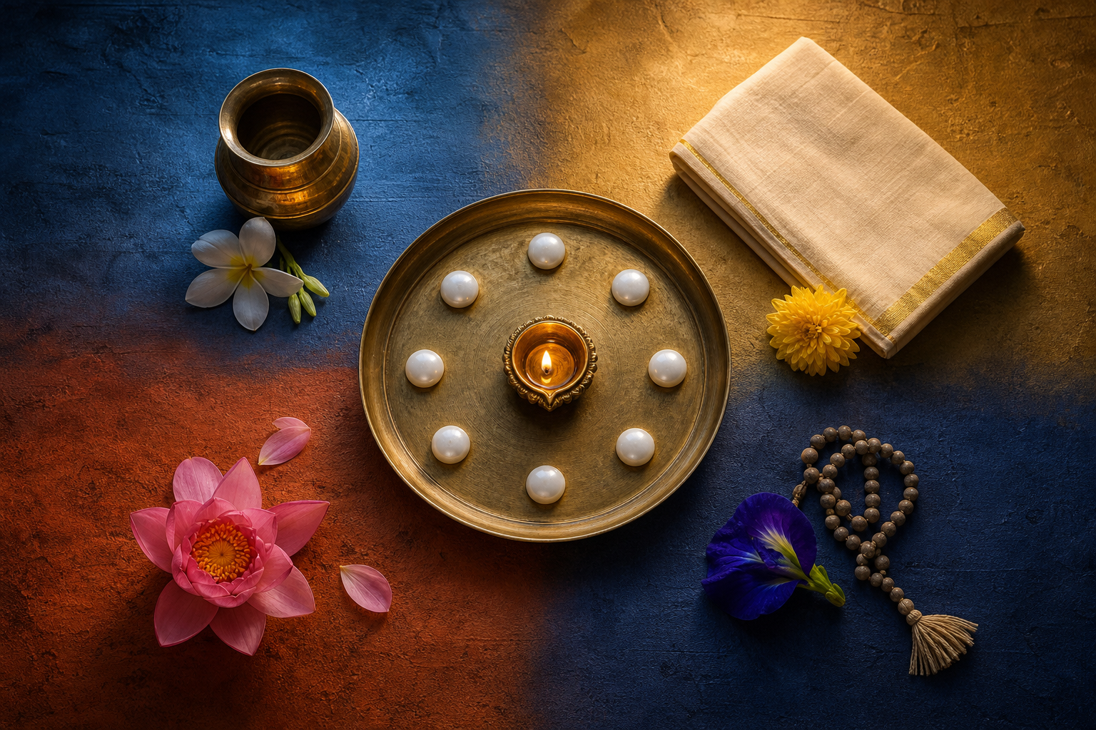 An overhead ritual still life uses moonlike discs and changing light to represent lunar phases and different times of day.