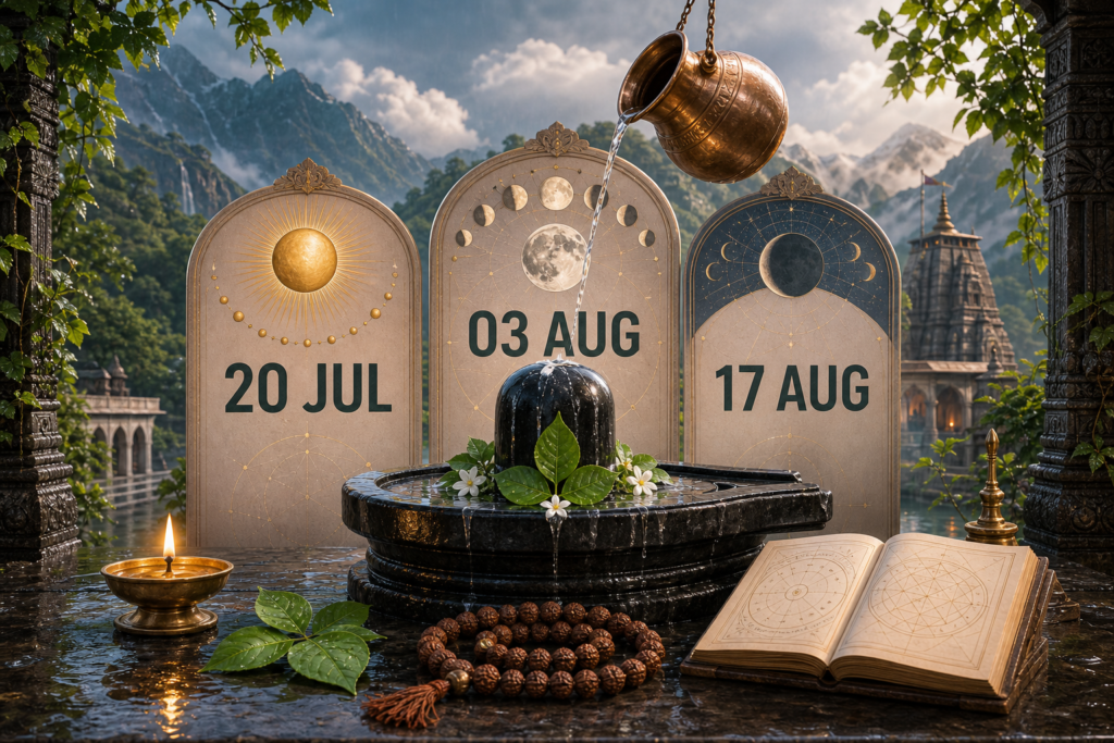 Shiva Linga receiving water, framed by Shravan Somvar 2026 dates: 20 July, 3 August and 17 August.
