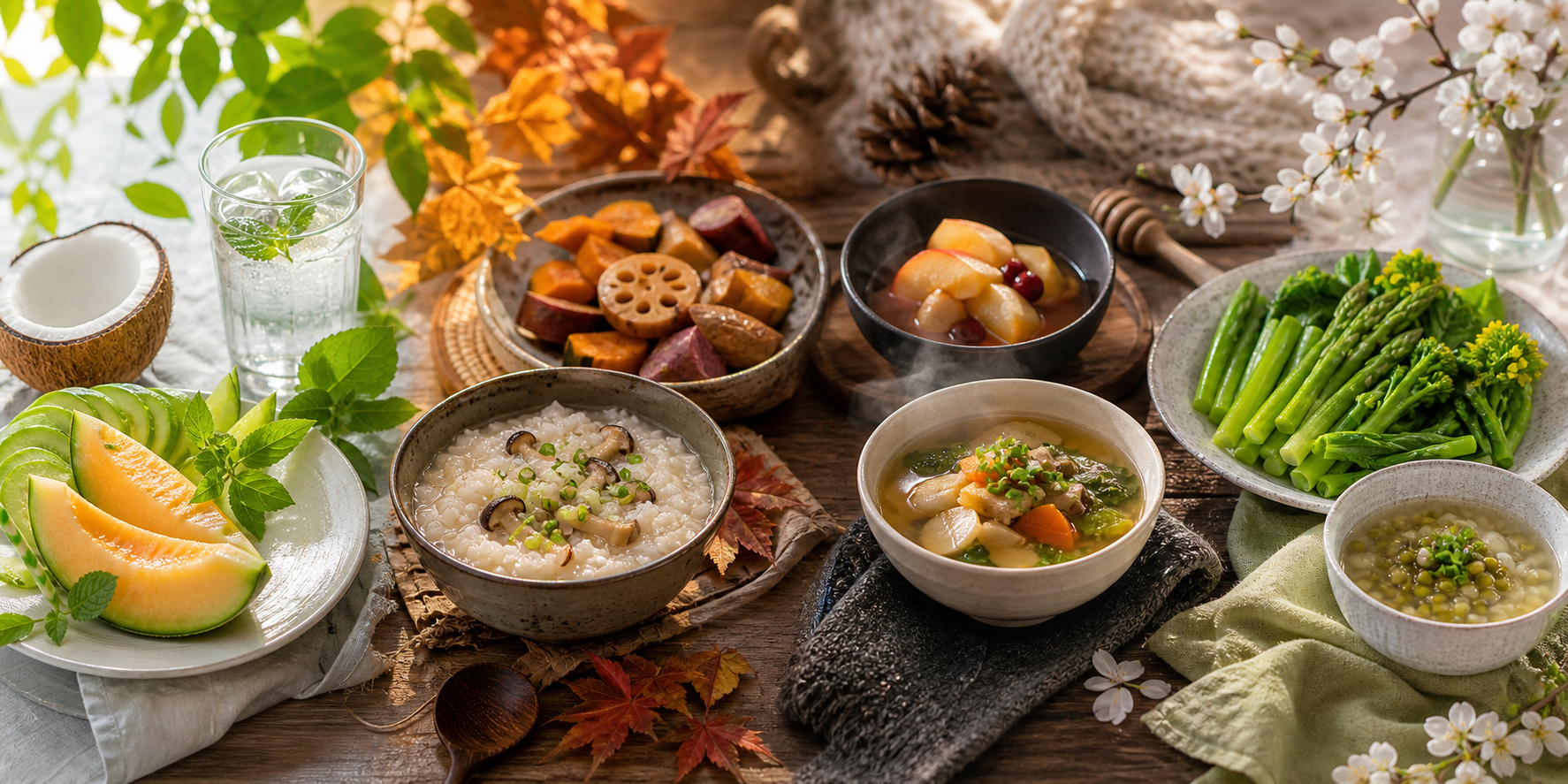 Seasonal foods are arranged in four settings with cooling summer produce, autumn porridge, winter soup, and light spring vegetables.