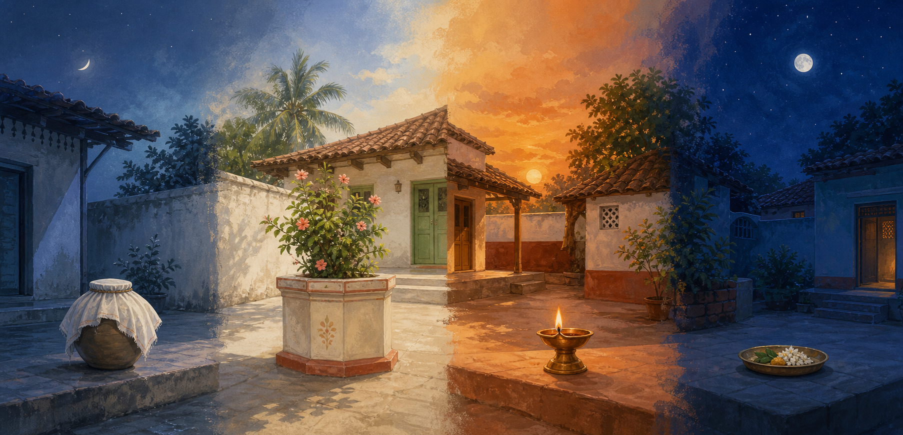 Four domestic courtyards shown at pre-dawn, daytime, sunset, and night contain simple ritual objects beneath changing lunar and solar light.