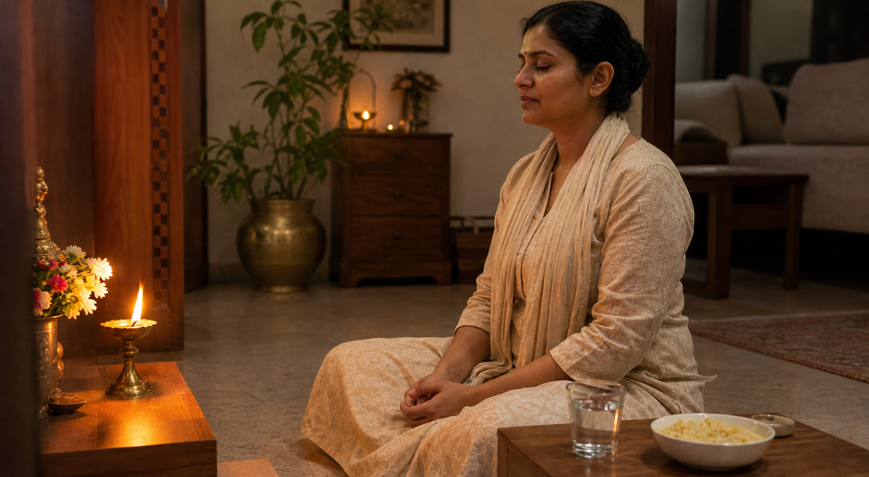 A practitioner sits beside an oil lamp and flowers, with water and a small bowl of soft rice-and-lentil porridge nearby.