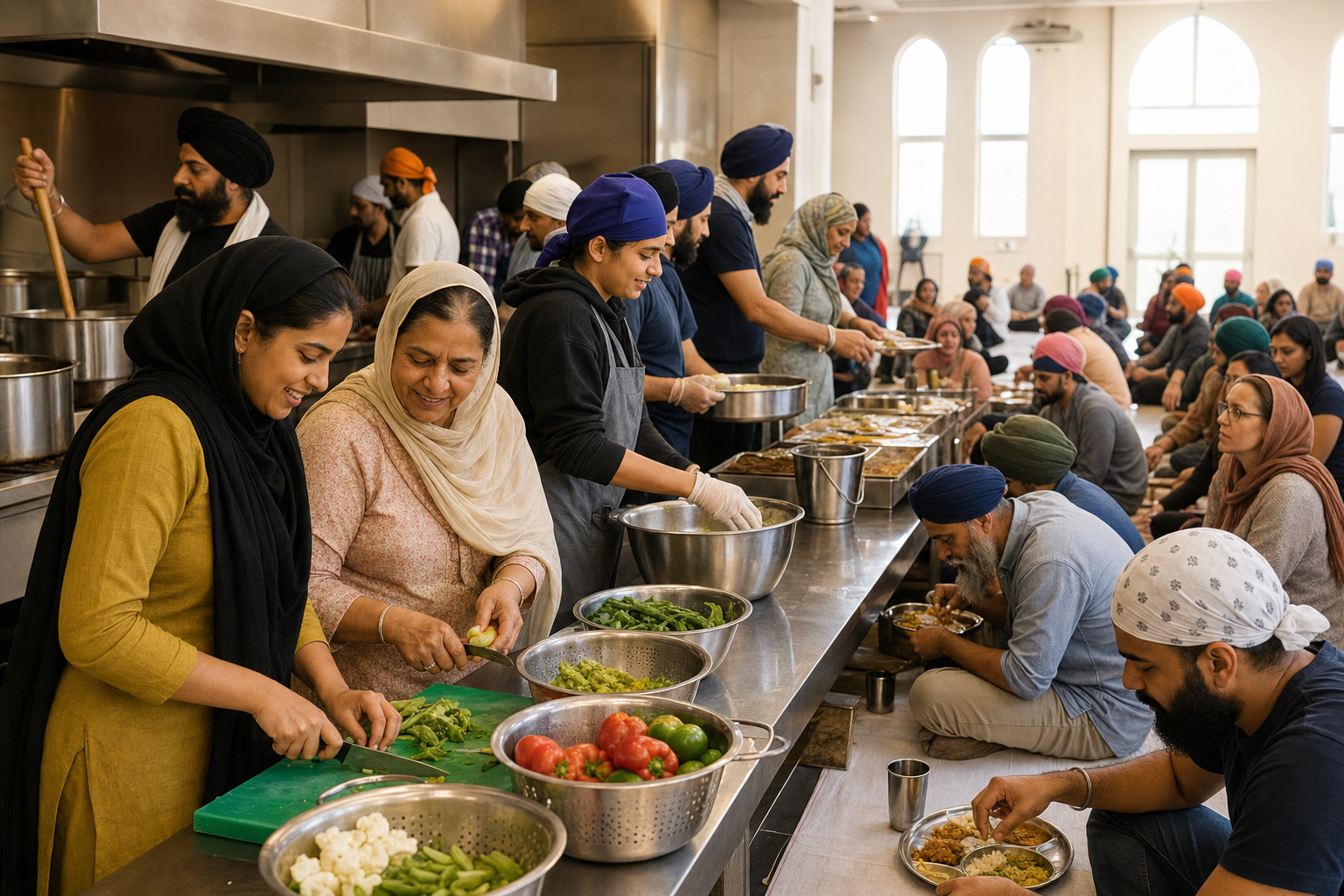 Sikh and non-Sikh volunteers prepare and share a communal meal with people of different ages in a gurdwara langar hall.