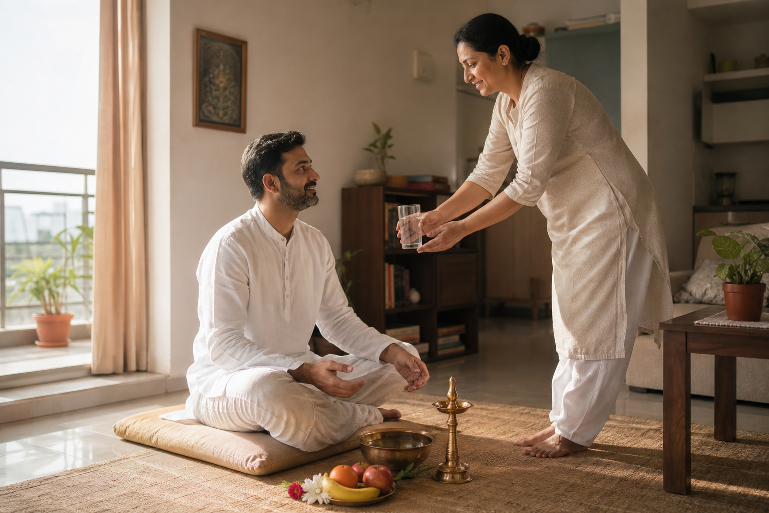 A devotee sits before a modest home prayer arrangement while a family member offers a glass of water.