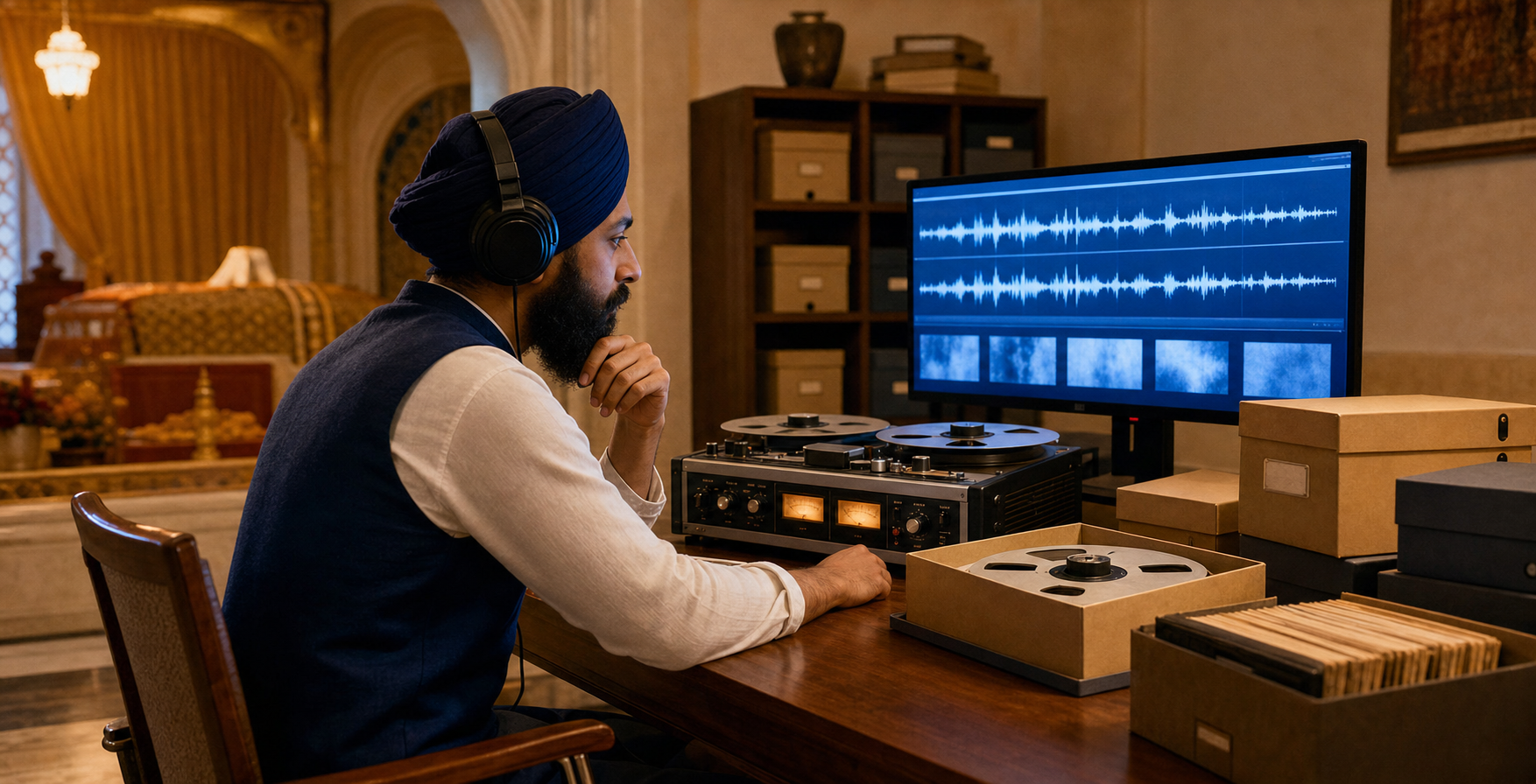 A turbaned researcher studies digitized audio beside an open-reel deck and archival storage boxes in a softly lit workspace.