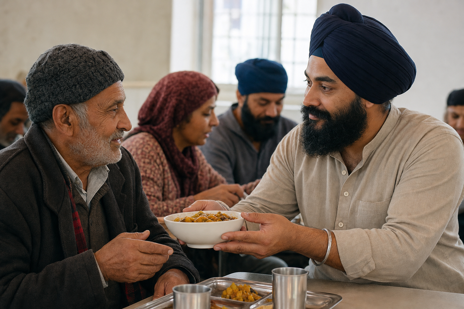 A Sikh volunteer sits at eye level with an older guest while respectfully offering a bowl of food at a community meal.