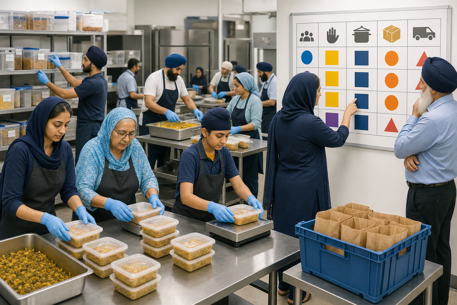 A Sikh-led volunteer team checks food containers, organizes supplies, and coordinates tasks in a clean community kitchen.