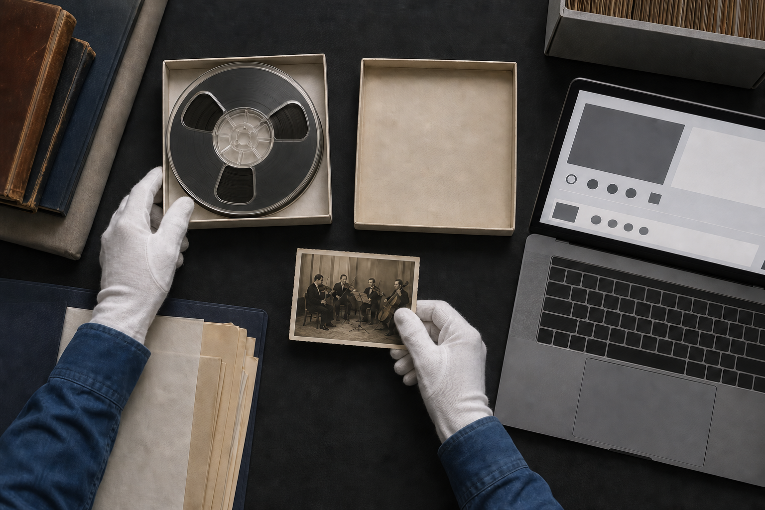 Gloved hands compare an audio reel, its archival case, a historical music photograph, and a digital catalog display.