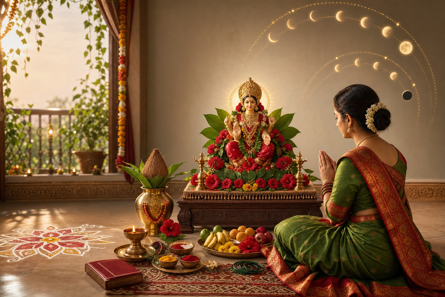 Woman in a green sari praying before a flower-adorned Mangala Gauri altar during Shravan puja