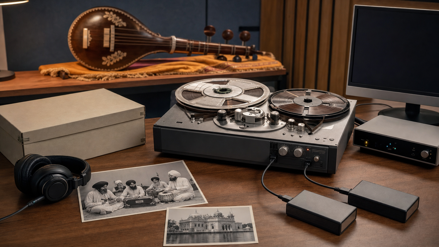 An open-reel recording is digitized beside archival packaging, contextual photographs, headphones, storage devices, and a traditional string instrument.