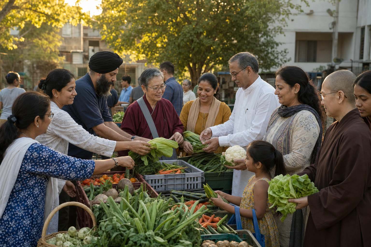 Sikh, Hindu, Buddhist, and Jain volunteers sort fresh produce together for families in a community courtyard.