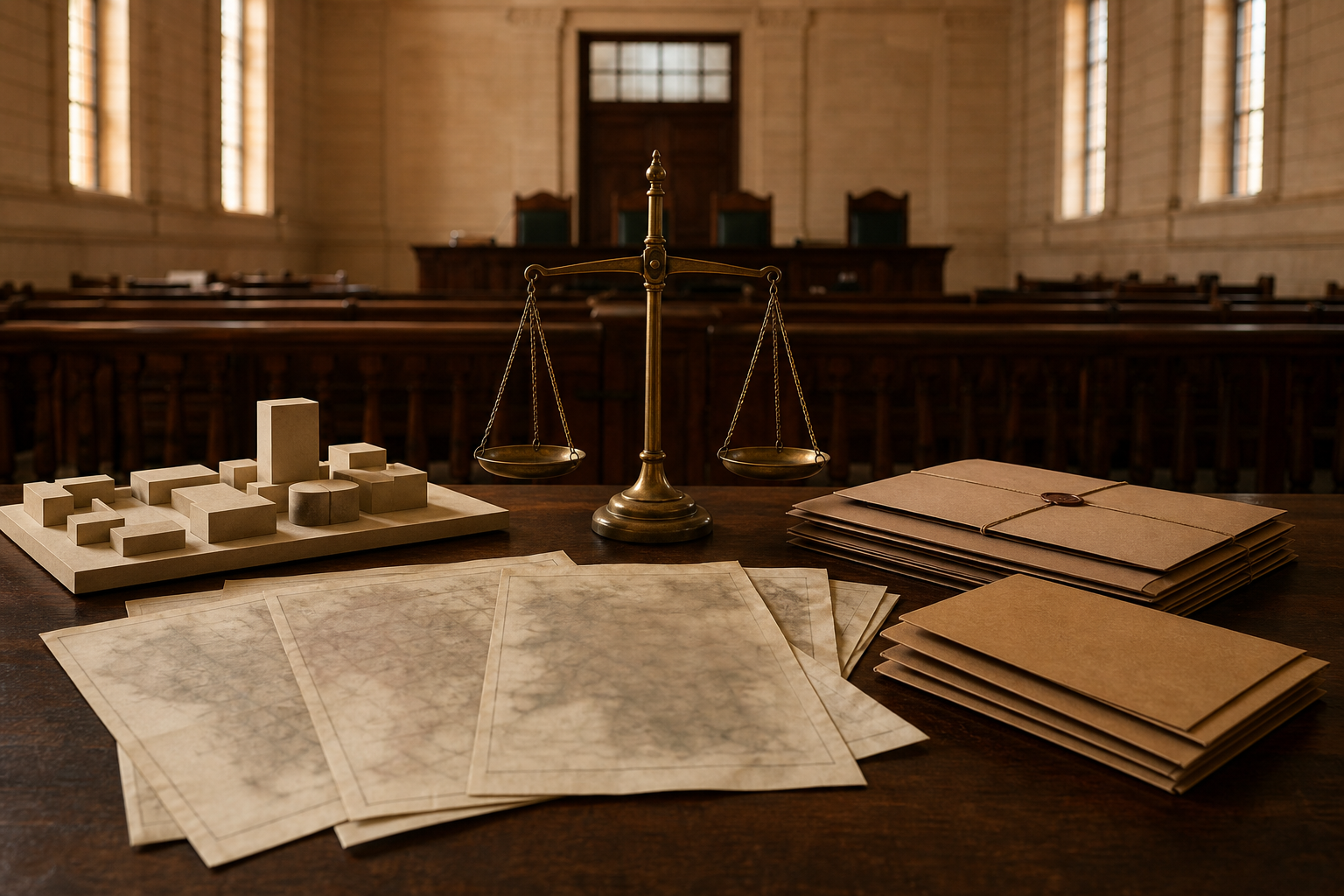 Balanced scales, archival materials and a neutral site model arranged on an evidence table in an Indian courtroom.