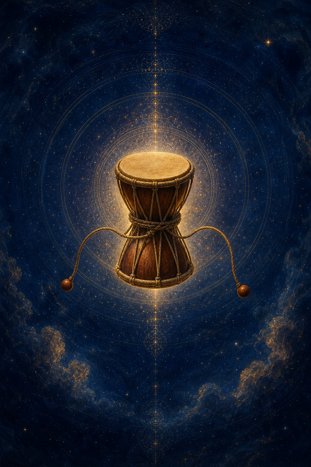 A traditional hourglass-shaped damaru surrounded by golden waves of light in a deep blue cosmic setting.