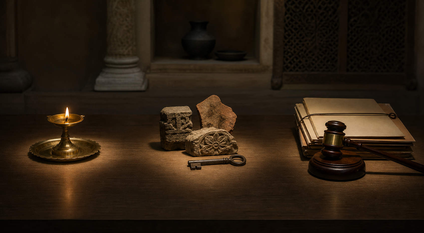 An oil lamp, archaeological fragments and legal objects sit in three separately lit groups on a table.