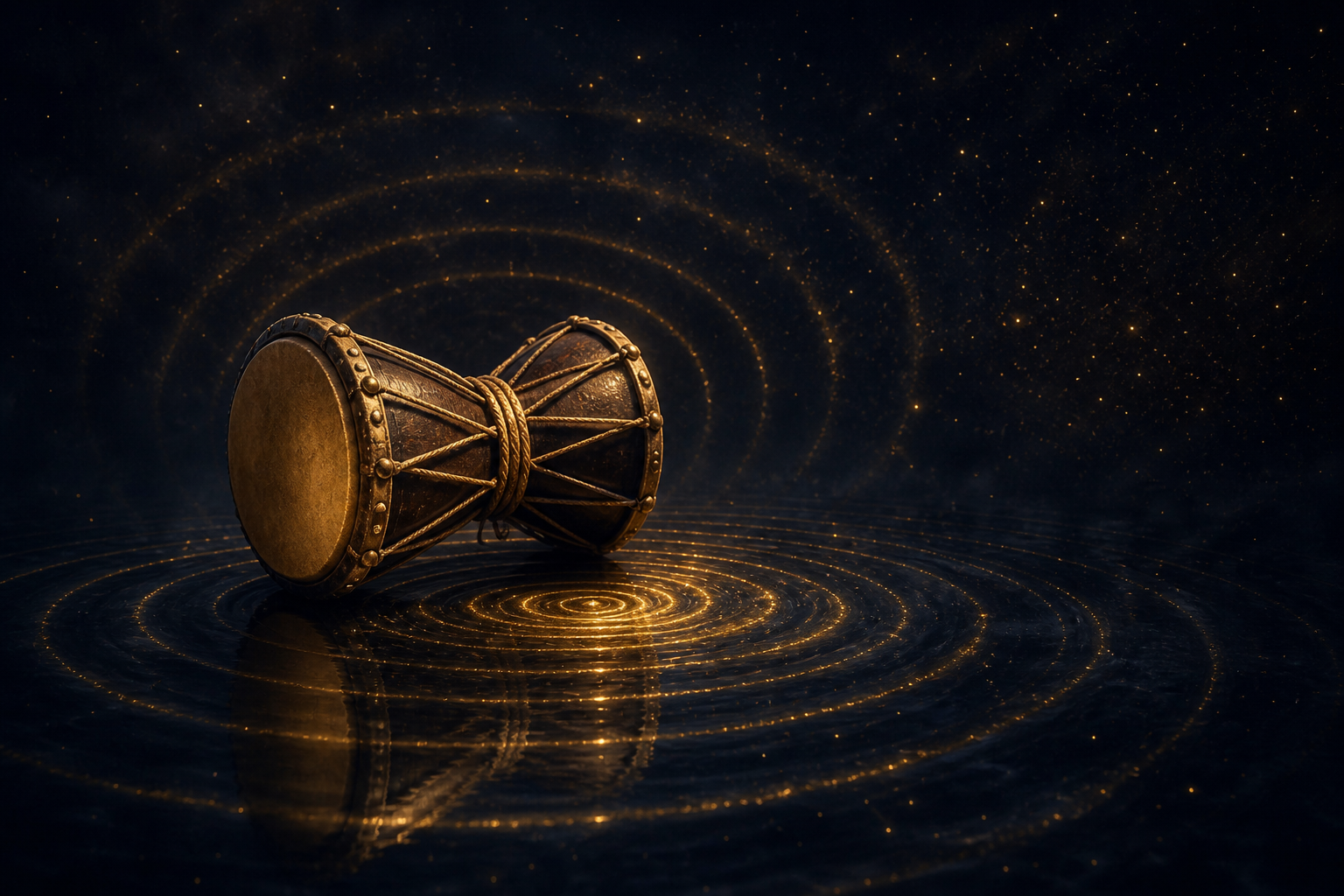 A damaru above dark reflective water as luminous ripples spread outward from a single beat.
