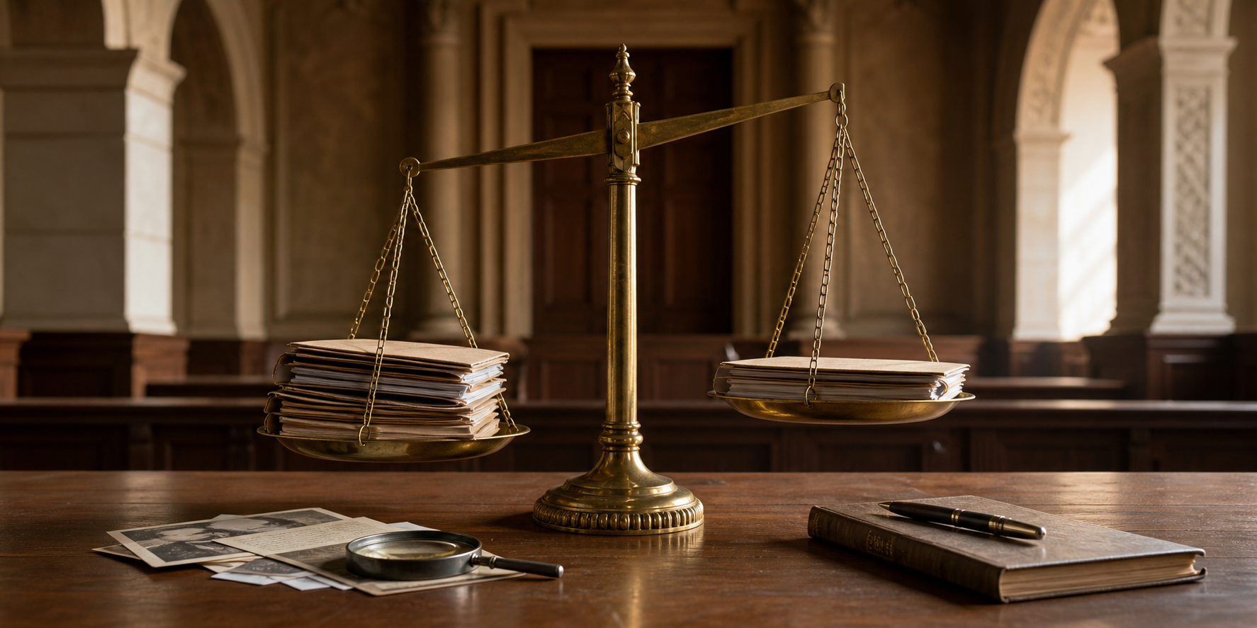 A brass balance scale tips slightly toward one stack of evidence folders in a quiet courtroom.