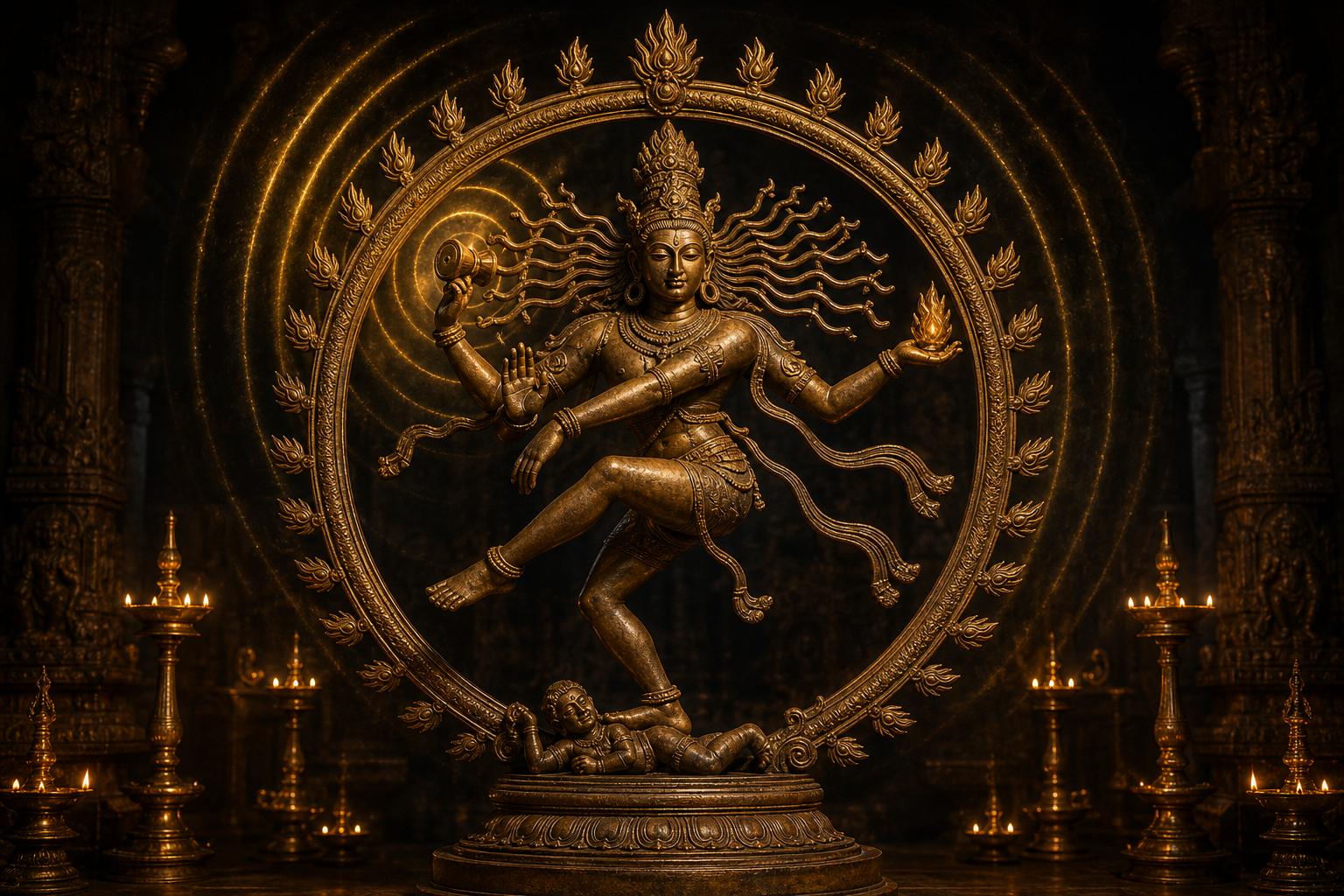 A bronze depiction of Shiva as Nataraja holding a small damaru while dancing within a ring of flames.