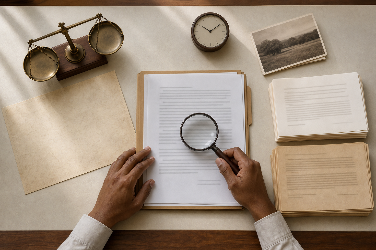 A reader uses a magnifying glass to examine a case file surrounded by legal and historical evidence objects.