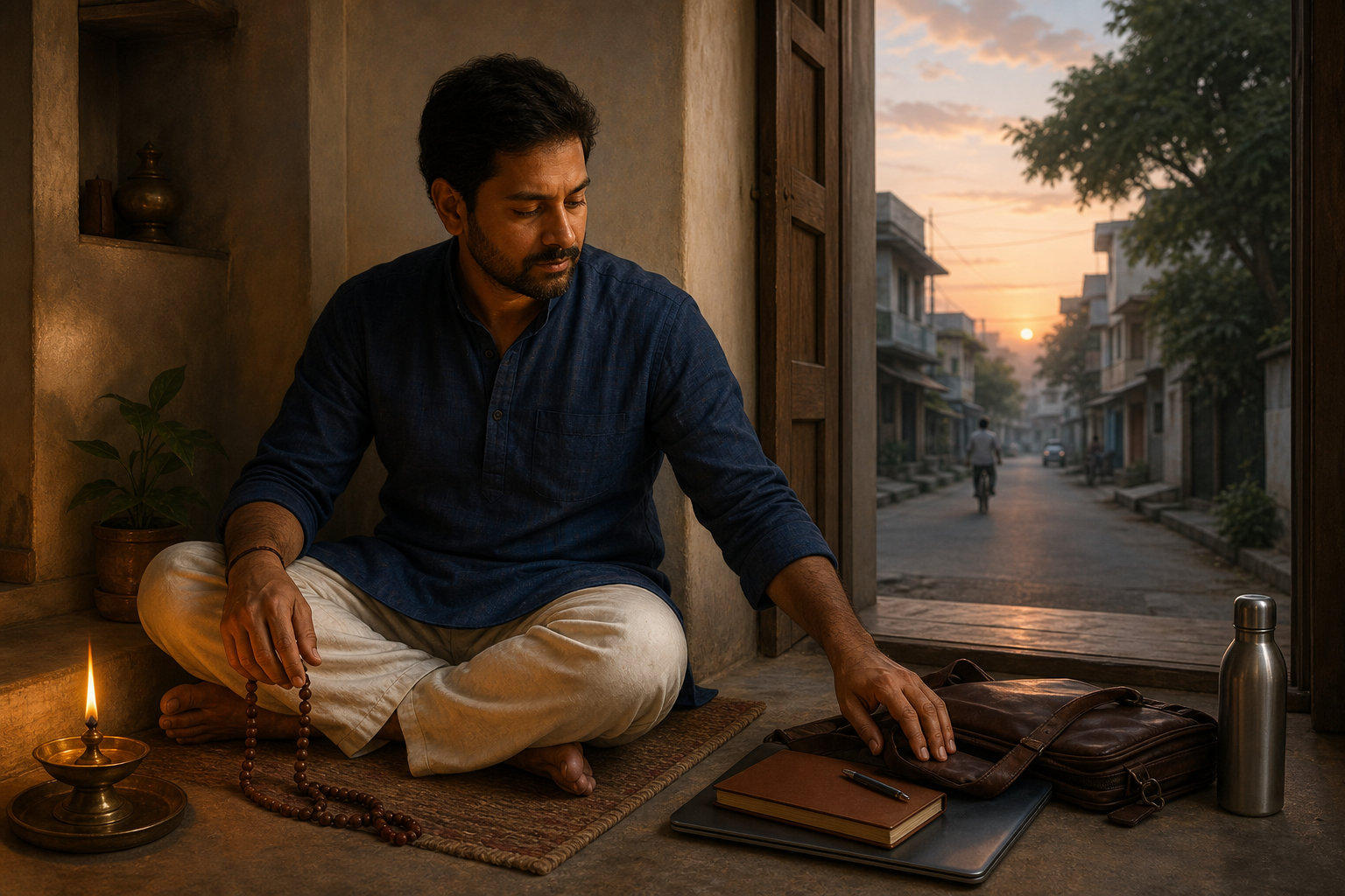 A person sits beside a small oil lamp and prayer beads at dawn while reaching toward tools prepared for the day's work.