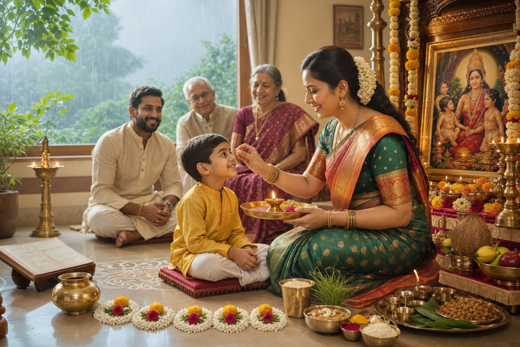 Mother performs Jivati Puja aukshan for her young son as family members gather beside a decorated shrine during monsoon rain.