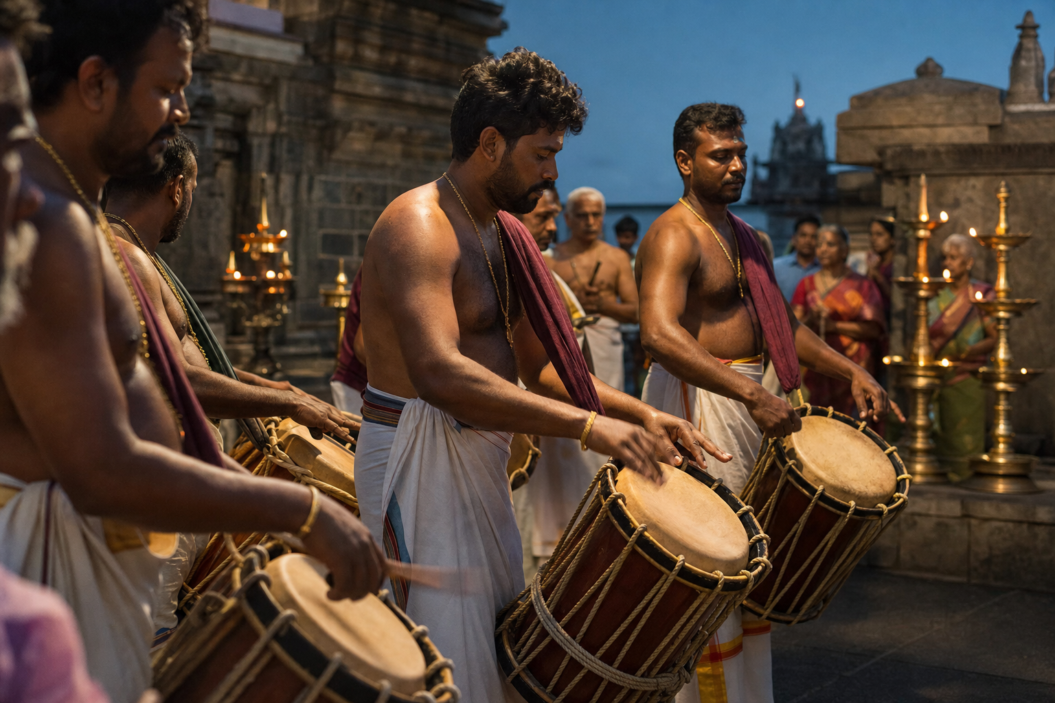 Devotional musicians play traditional double-headed drums together in a lamp-lit temple courtyard at dusk.