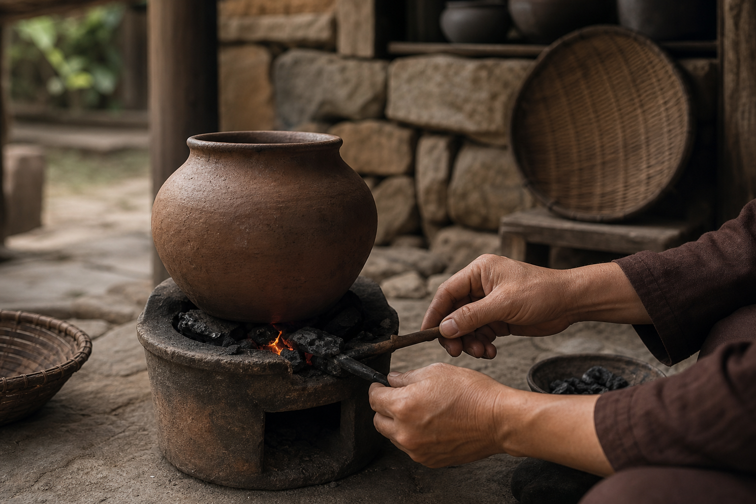 Hands tend a small charcoal flame beneath a clay vessel in a quiet courtyard.