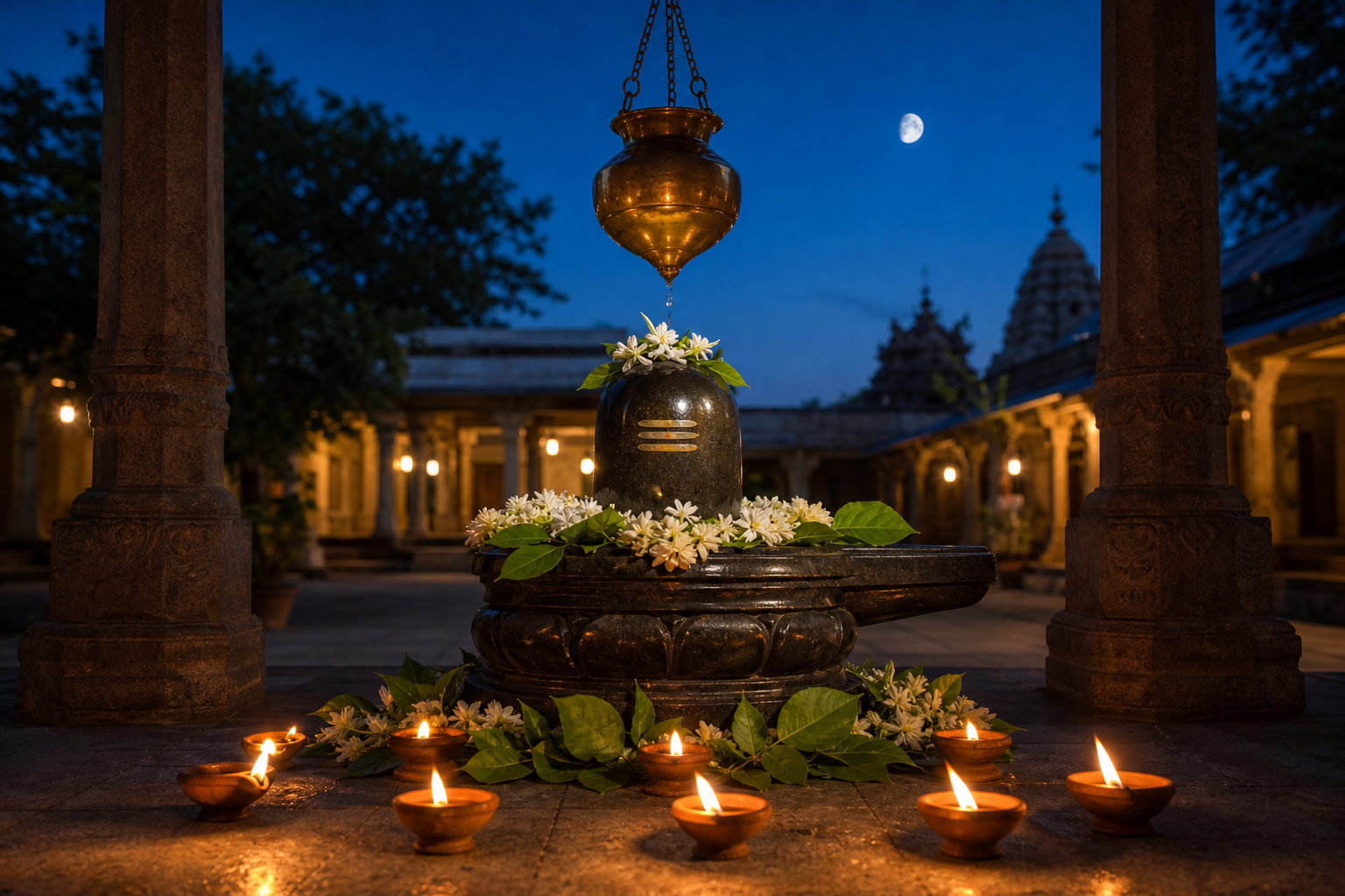 A Shiva lingam decorated with bilva leaves and flowers beside glowing oil lamps under a waxing moon at twilight.