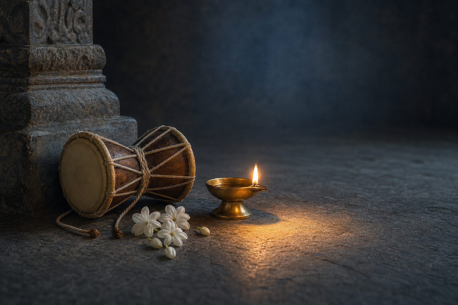 A small damaru rests beside a glowing brass oil lamp and white jasmine blossoms on a stone floor.